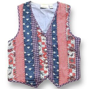 Vintage 90s Vest Tailored Suit Blue Red Heart Gingham Checkered Chambray Denim